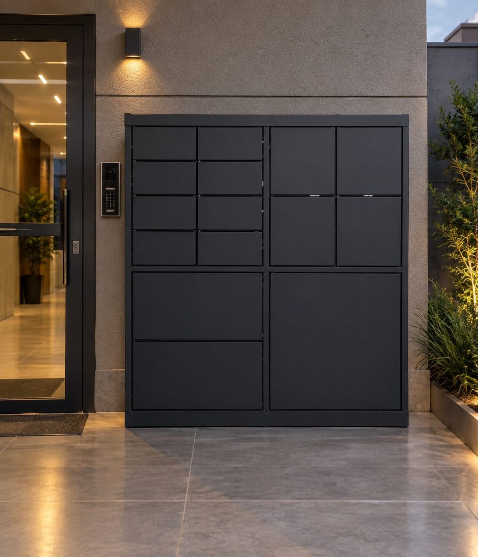 Armário Omni Locker, modelo padrão com 15 portas, na entrada de um prédio
